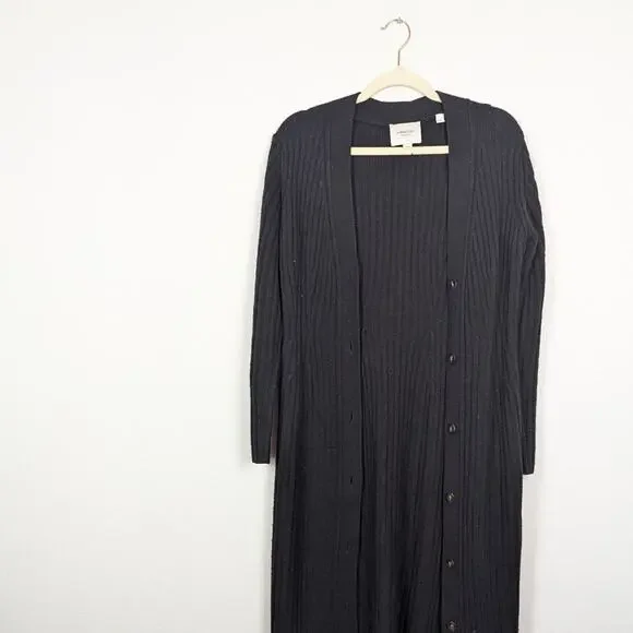 Vince Black Wool Cashmere Ribbed Button Down Long Cardigan Size M